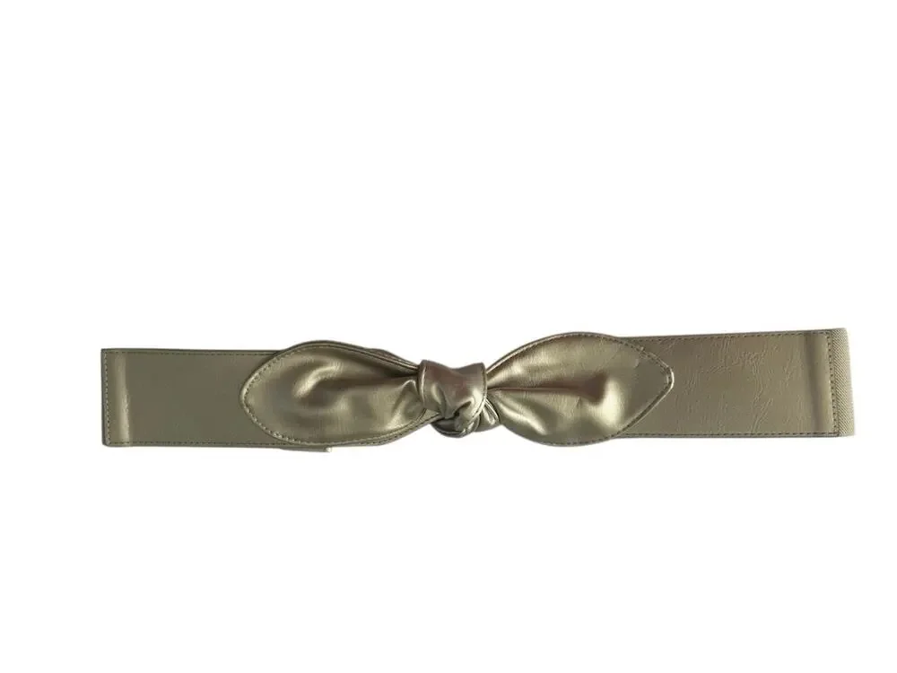 INC Small / Medium Gold Faux Leather Bow Belt Cumberbund Wedding Stretch #7335